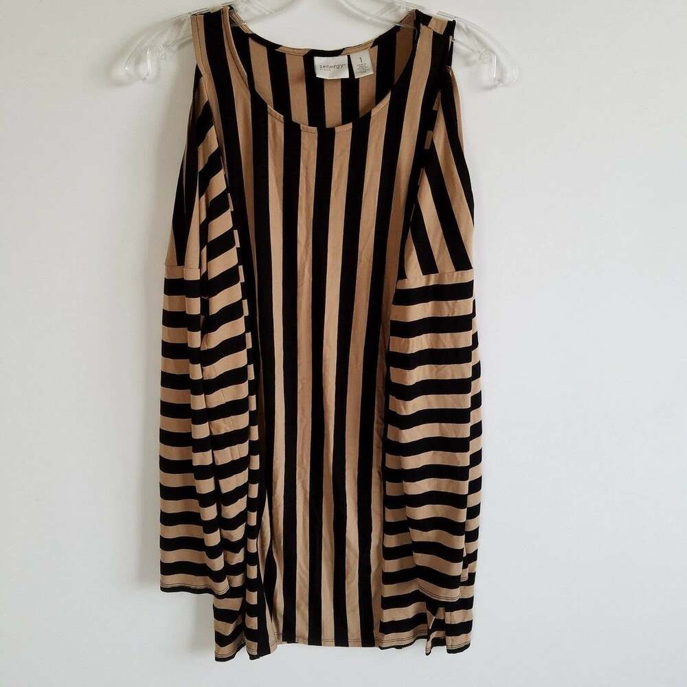 Chico’s Zenergy Women’s Tandy Cold Shoulder Tan Black Mixed Striped Tunic - Picture 3 of 10